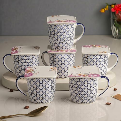 Image of U.P.C. Premium Bone China Ceramic Coffee Mug Set of 6 with 6 Coasters | Designer Tea & Coffee Cups |Printed Ceramic Mug Set | Tea Cups for Home,Office (Coffee-Mug-Inova-1054-Blue.)