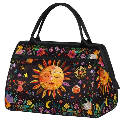 Overnight Weekender Bag for Women Men Sun Face Flower Colorful Waterproof Carry On Travel Duffel Bags with Zipper Lightweight Sports Gym Bag Luggage Workout Handle Bags for Traveling Yoga Camping