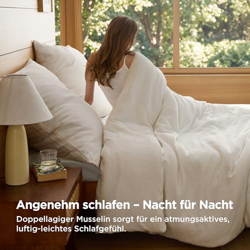 Image of BEDSURE Muslin Bed Linen 135 x 200 cm 4-Piece Beige 80 x 80 cm Pillow Oeko-Tex | 100% cotton bed linen sets, 2 duvet covers 135 x 200 cm and 2 pillowcases 80 x 80 cm, with zip, soft, breathable