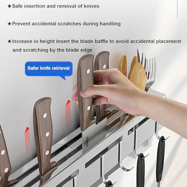 Knife Holder, Stainless Steel Knives Holder with 8 Hooks, No Punching kitchen Wall Mounted Multifunctional Chopsticks & Knife Holder for Storing Chopsticks, Knives & Rags in Home/Hotel