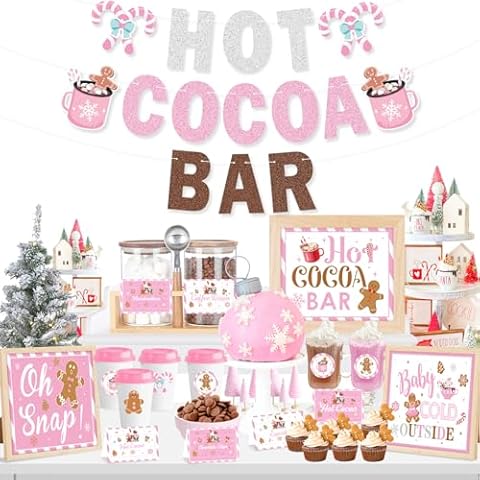 Hot Cocoa Bar Kit Pink Hot Cocoa Bar Banner Cute Gingerbread Man Sign Oh Snap Toppings Tent Cards Cup Tags Stickers for Winter Baby Shower Christmas Party Baby It's Cold Outside Decorations Cover