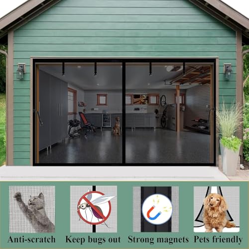 Image of Magnetic Garage Door Screen 14x12ft for 1 2 Car Garage Carport Patio Porch | Retractable Fiberglass Privacy Mesh, Weighted Bottom, Kids & Pets Friendly, Easy Installation, Windproof, Repair Pieces