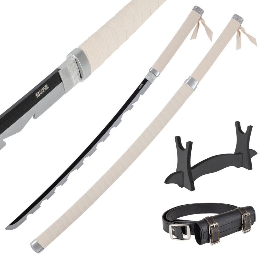 Wooden Katana Sword 30 inch / 77 cm with Belt Holder and Stand - Deamon Slayer Short Samurai Sword for Anime Cosplay - Bamboo Wakizashi Replica Swords - Decorative Collectables (No Sharp Edges)