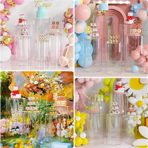Soportes de exhibición de acrílico transparente para una decoración elegante de eventos, perfectos para mostrar flores, postres, pasteles y globos en bodas y fiestas