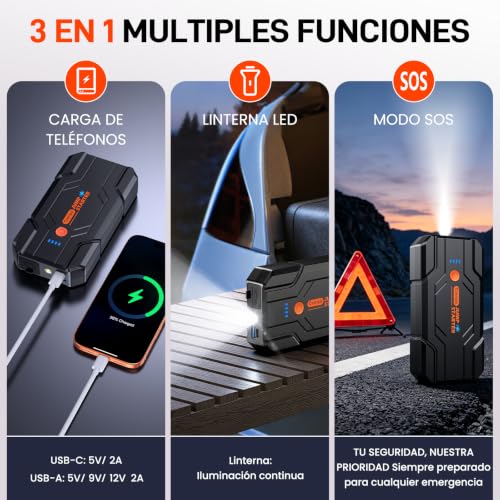 Miniatura 4 de Arrancador de Baterias de Coche 𝟏𝟒.𝟖𝐕- 𝟏𝟎𝟎𝟎𝟎𝐀 Jump Starter para Motor 9.0L Gas o 8.5L Diesel, Power Bank Portátil con Carga Rápida QC3.0, Linterna LED y Pinzas Inteligentes