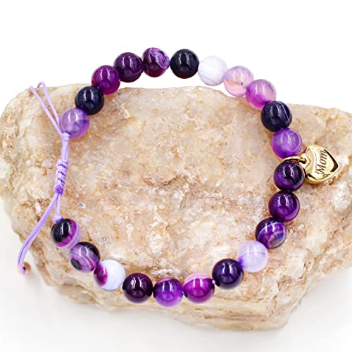 Image of Uloveido Natural Stone Mom Heart Charms Beaded Bracelets for Mum from Son or Daughter With Massage Card and Box | Mothers Day Jewelry Gifts