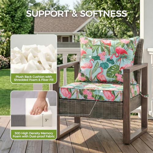 Image of UNIKOME 19 inchx19 inchx3 inch Outdoor Chair Cushions Set - Waterproof Patio Cushions for Outdoor Furniture with Removable Cover, Ties & Handle, Deep Seat Patio Cushions for Sofa Couch - Flamingos