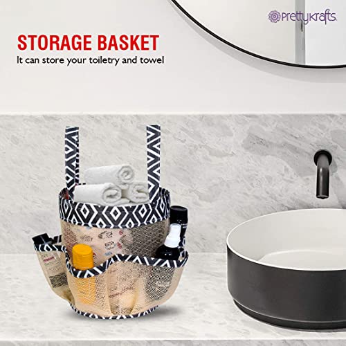 Image of PRETTY KRAFTS Mesh Shower Caddy Tote Bag 8 Pockets, Hanging Portable Toiletry Bag for Men and Women, College Dorm Essentials Quick Dry Bath Organizer for College Dorms, Gym, Camp - Beige Black