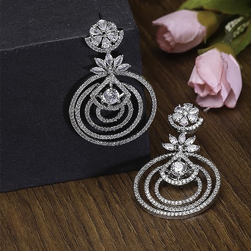 Rhodium-Plated Floral & Circular Layered Drop Earrings
