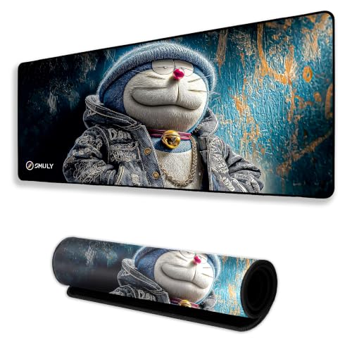 Image of Stylish Cartoon Cat Gaming Mouse Pad, Large Desk Mat 58.5 x 28 cm, Extended Washable Mousepad, Desk Pad, 2mm Thick Non-Slip Rubber Base, Stitched Edges, Smooth Surface (Multicolour)