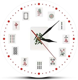 The Geeky Days Mahjong Art Decorative Wall Clock Chinese Mahjong Tiles Modern Printed Acrylic Silent Non-Ticking Hanging Wall Watch Tournaments Party Game Room Decoration