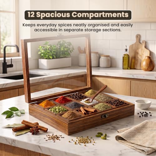 Image of Wooden Spice Box for Kitchen | Sheesham Wood Masala Dabba with 12 Containers | Spice Organizer with Glass Lid, Safety Lock & Wooden Spoon | Masala Dani /Namak Dani Storage Box for Home & Kitchen