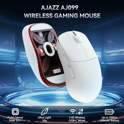AJAZZ AJ099 SUPERLICHT Kabellose Gaming-Maus,Ultraleicht (56g),PixArt Sensor PAW3311, 12000 DPI, 2.4G/USB-C Wired Gaming-Mäuse,6 Programmierbare Tasten,200 Stunden Akkulaufzeit,für PC/MAC/PS4 – Weiß – Bild 3