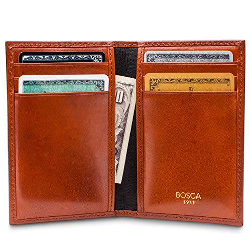 Image of Bosca Men's Leather Card Holder Wallet - Italian Full Grain Vegetable Tanned Credit Card Case - 6 Card Slots, 2 Receipt Wells - Classic Glossy Finish - Gift-Ready Packaging - Amber Brown