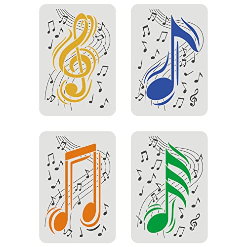 FINGERINSPIRE Set di 4 stencil per note musicali, 29,7 x 21 cm, 4 stili, riutilizzabili, per arte fai da te, musica, note musicali, melodie, stencil per pittura su legno, pavimento, mobili