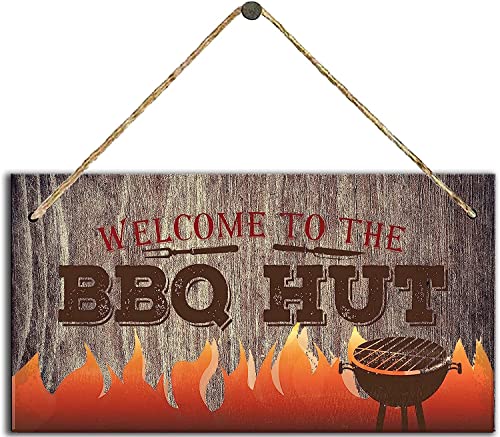 Welcome To The Bbq Hut - Cartel de bienvenida a la cabaña de barbacoa para papá, decoración del hogar, decoración de pared, barbacoa, jardín, bar, inauguración de la casa al aire libre, 20 x 20 cm