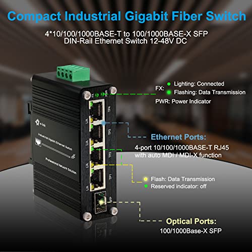 Image of Industrial Gigabit 4-Port Ethernet Switch - Hardened 10 /100 /1000Mbps Fiber with 100 /1000M Adaptive SFP Slot, Din Rail /Wall Mount, Unmanaged Network, 12-48V DC, 5-Port
