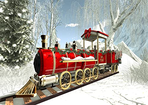 Arrière-plan de Noël 2,7x1,8m en tissu lavable avec train et flocons de neige pour studio photo
