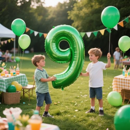 Image of Number Balloons 9 Balloon Dark Green for 9th Birthday Decoration, 40 inch | Saturated Color, Large 40 in, With Inflation Straw & Hanging Hole, For Back-To-School Season, Forest Picnic Party, Christmas