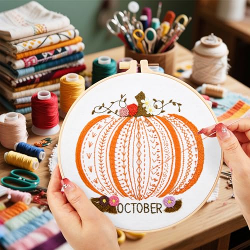 Image of Easy Beginners Embroidery Stitches Practice Kits for Adults, Fall Pumpkin Embroidery Starters Kits for Beginners to Learn 26 Stitches, Autumn Hand Embroidery Set Craft for Women & Video Tutorial