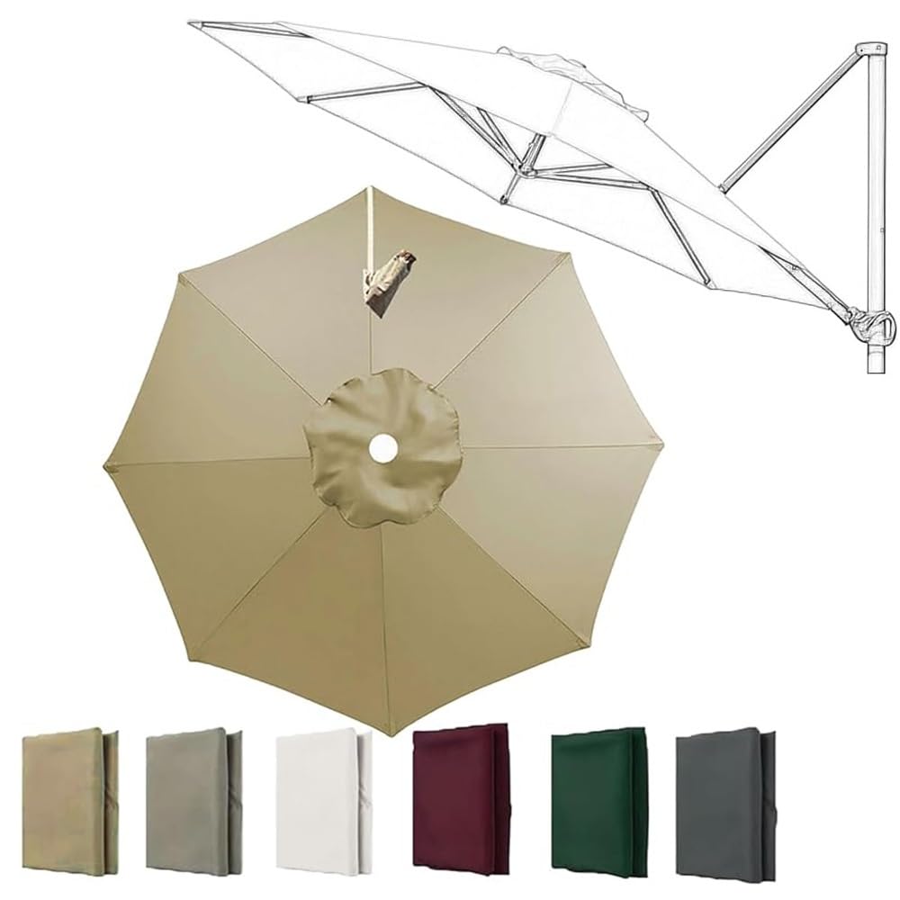 11ft 8Rib Cantilever Parasol Replacement Canopy 10ft 11.5ft Round Offset Umbrella Canopy Patio Yard Pool Parasol Replacement Fabric(Khaki,300cm/10ft)