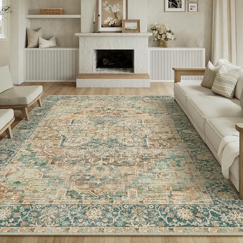 8x10 Washable Area Rug Vintage Distressed Living Room Bedroom Carpet Rust Blue Non Slip Large Soft Low Pile Traditional Throw Rug for Indoor Dining Room Office Dorm Decor