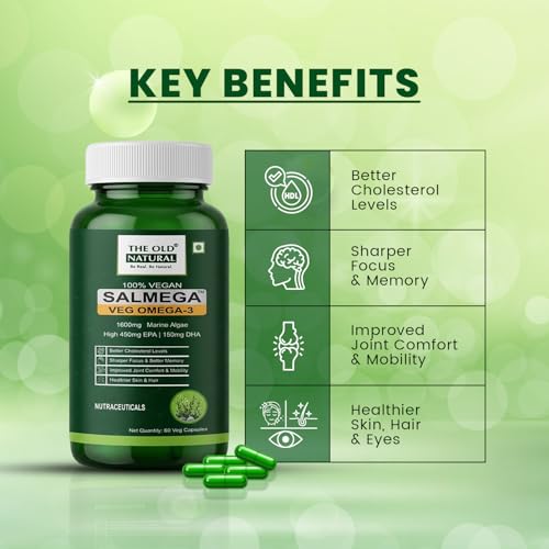 Image of Salmega Veg Omega 3 Algal Oil Capsules - 1600mg Marine Algae Omega (450mg EPA & 150mg DHA) | Plant Based Omega 3 Supplement | Vegetarian DHA for Heart, Brain, Joint & Immunity Support | 60 Veg Capsules