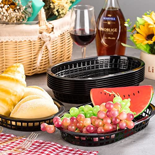 Potchen 60 Pack Fast Food Baskets For Serving, 10.5'' X 7'' Plastic Bread Oval Storage Basket Bin Service Tray Restaurant, Chip, Hot Dog, Burger, Sandwiches, Bbq, Picnic, Party (Black) #TOP6