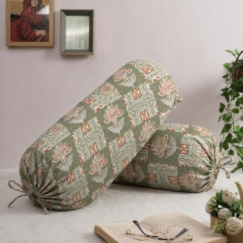 Image of Trance Home Linen Premium 16x32 Inches 100% Cotton Bolster Covers with Tie Knot | Anti-Pill 200 Tc Thread Count | Dewan Bed Round Pillow Cover (Ajrak Green - Pack of 2)