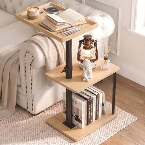 Image of Faesun C Table End Table Adjustable Height, 360Swivel TV Tray Table for Small Spaces, Small Nightstand for Living Room, Bedroom, Oak