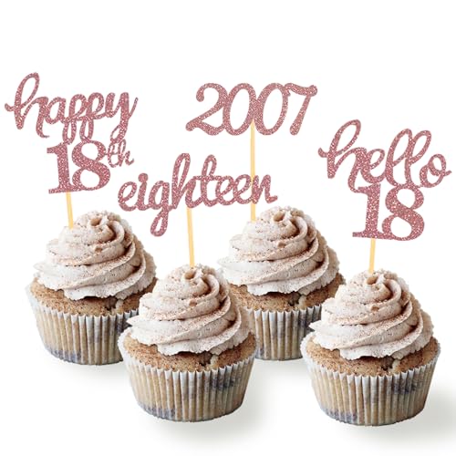 24 Stück Glitzer 18. Geburtstag Cupcake Topper, Geburtstagsdeko 18 von 2007 für 18. Geburtstag Junge, 18 Geburtstagsfeier Zubehör Party Dekoration Kuchendekoration (Rose Gold)