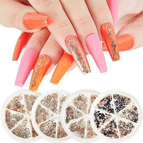 Macute Gold 3D Nail Art Decorations Sequin Decals Kit, 4 Boxes Metallic Nail Glitters Sparkle Nail Art Flakes Fake Nails Accessories Charms Manicure Tips Supplies Confetti for Women Nail Art Designs