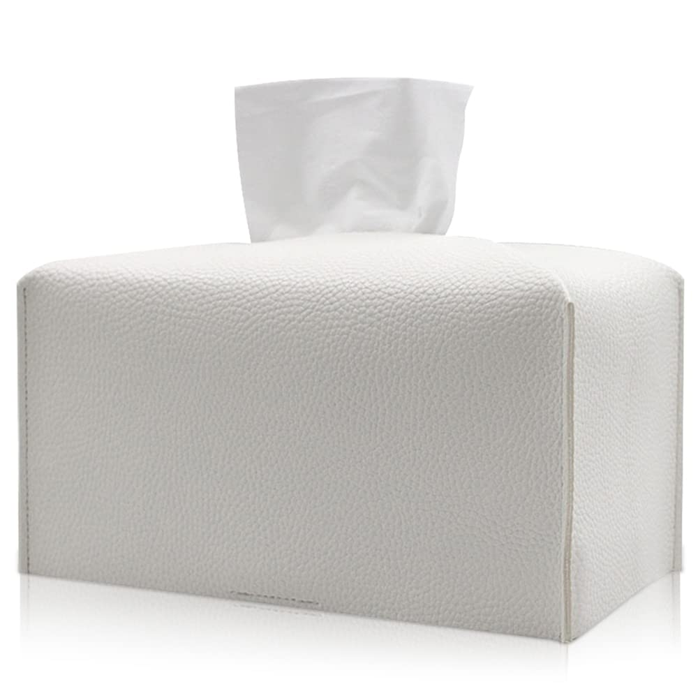 neotimely Tissue Box Cover, Modern Decorative PU Leather Rectangular Tissue Box Case Organizer Holder, Tissue Case Facial Paper Organizer for Vanity Countertop, Livingroom, Office Desk and Car (White)