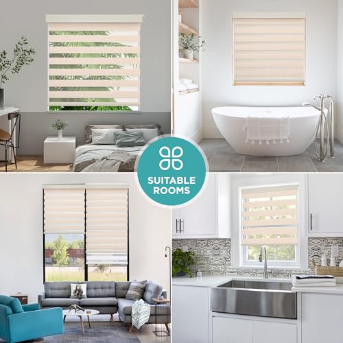 Joydeco No Drill Zebra Blinds for Windows, Cordless Dual-Layer Privacy Zebra Shades for Indoor Windows, Easy to Install, Light Filtering Sheer Blinds for Home (Light Beige, Custom Size)