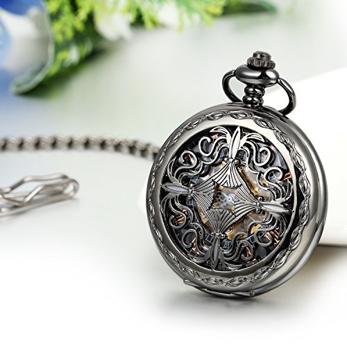Image of JewelryWe Antique Mechanical Pocket Watch Retro Classic Mechanical Hand-Wind Pocket Watch Steampunk Fob Watch Pendant Watch with Chain, for Father's Day