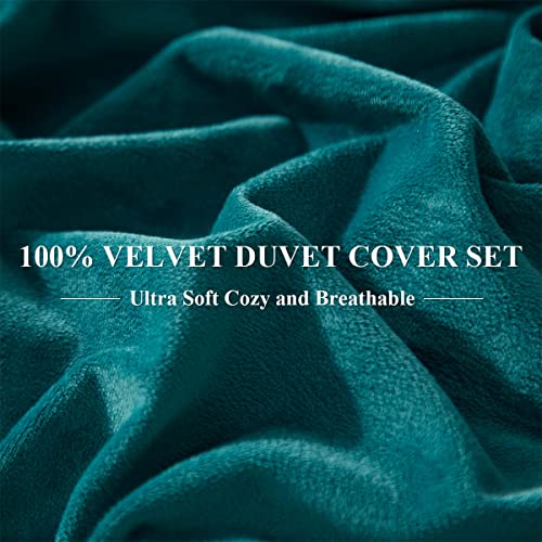 Ivellow Velvet Duvet Cover Set Queen Size 3 Pcs Peacock Blue Luxury Flannel Velour Duvet Cover Zipper Closure Corner Tie