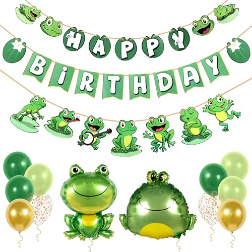 Pirese Frog Birthday Decorations Frog Happy Birthday Banner with Balloons Pre-Strung Frog Party Decoration Kit