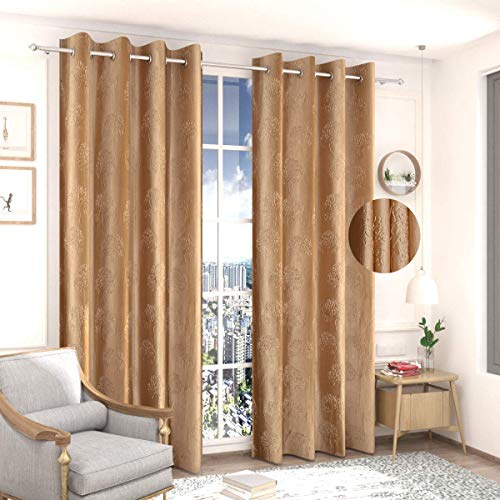 Image of Polyester Premium Tree Design Punching Screen for Home Office | Room Darkening Long Door Curtains 9 Feet Long Set of 4 | Modern Parde for Living Room and Bedroom | Golden Curtains
