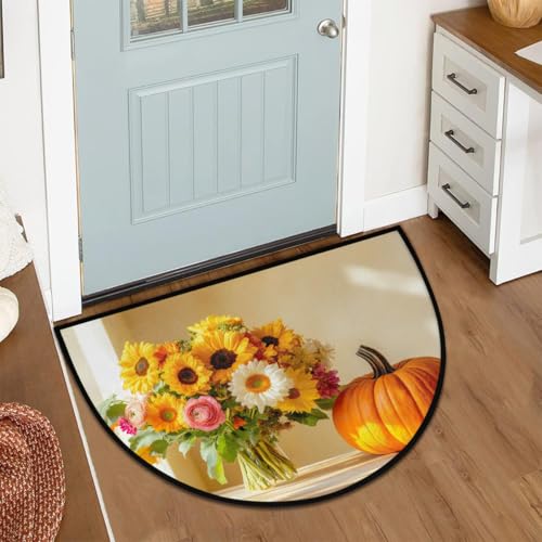Image of cfpolar Half Round Door Mat Autumn Sunflowers Pumpkins Non-Slip Semi Circle Area Rug Washable Half Moon Hearth Rugs for Indoor Outdoor Bathroom Kitchen Patio Runner Mat Laundry Room Home Decoration