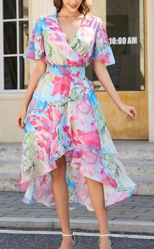 Image of Kormei Womens Short Sleeve Floral Maxi Dress High Low V-Neck Flowy Party Long Dresses