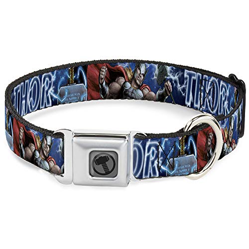 DC-WTH023-L - Collare per cani con fibbia per cintura di sicurezza, motivo Avengers Thor Hammer Action Pose Galaxy Blues, colore bianco da 15 a 26 pollici