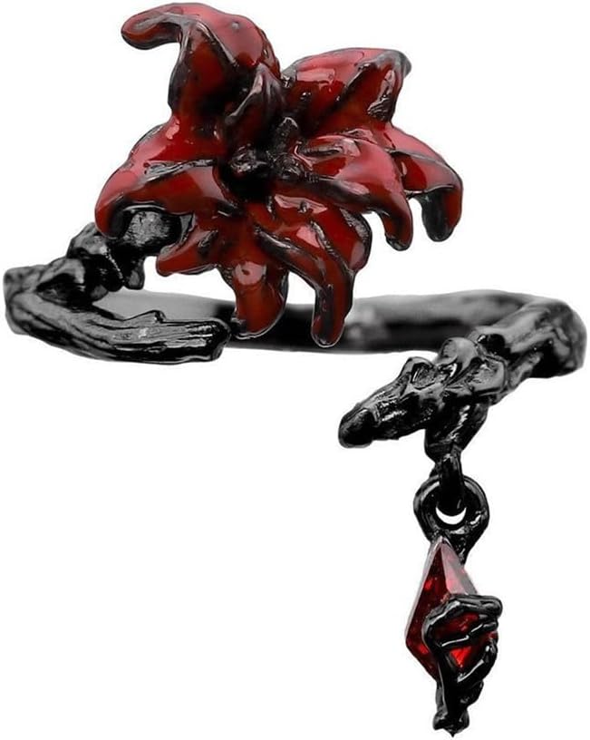 Gothic Red CZ Flower Open Band Ring for Women Adjustable Black Flowers Branch Charms Drop Geometric Tassel Halloween Statement Wrap Finger Rings Comfort Fit Punk Wedding Engagement Jewelry