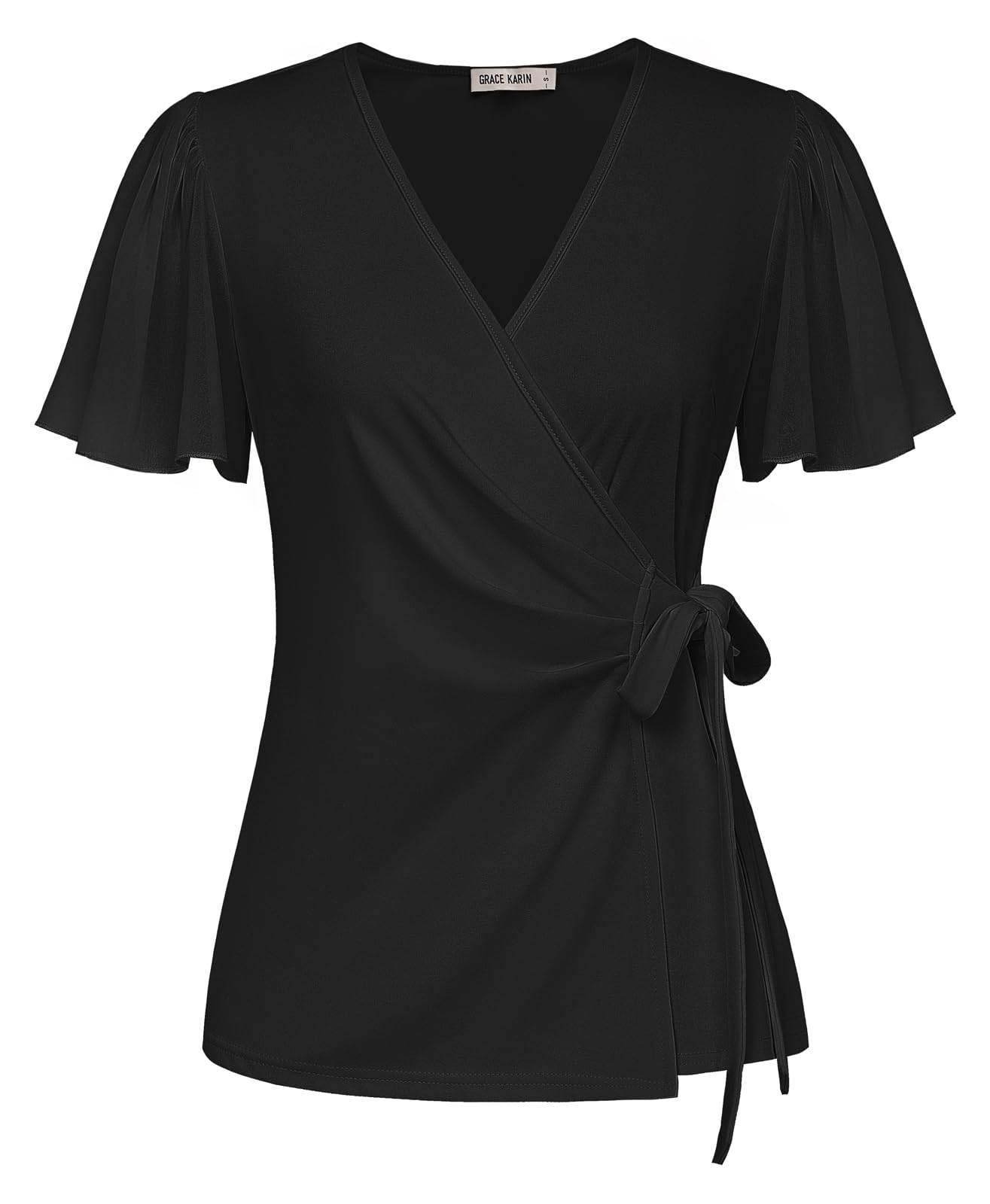 GRACE KARIN Dames tops ruches korte mouw V-hals stropdas wrap tuniek