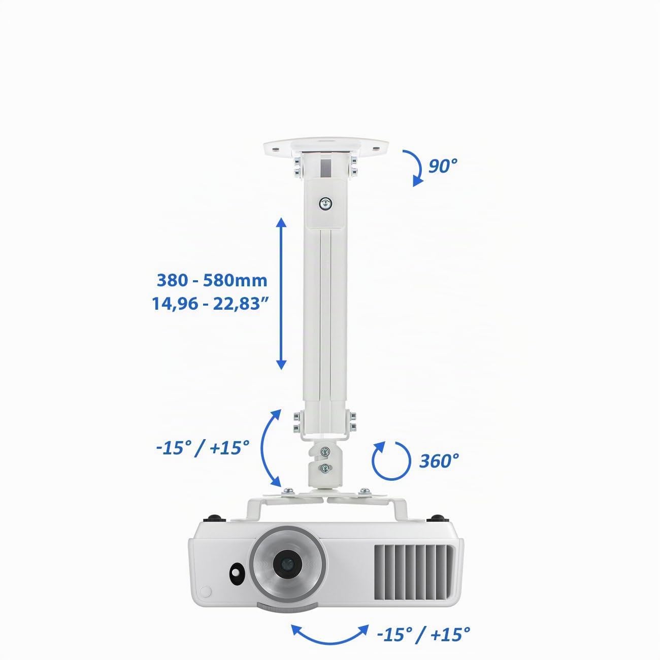 deleyCON Support Universel pour Vidéoprojecteur Support Plafond Inclinable de +-15° - Pivotant de 360° - Jusqu'à 13,5 Kg - Réglable en Hauteur 380 mm - 580 mm - Passage de Câble - Blanc