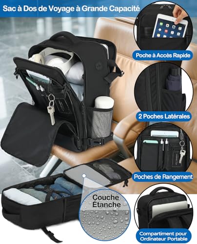 KLOSTAIN Bagage Cabine 45x36x20 pour Easyjet Sac a Dos Voyage Cabine Avion 30L Bagage Cabine Grande sous Siège Bagage à Main Homme Femme Sac à Dos pour Ordinateur Portable 15.6 Pouces Noir – Image 4