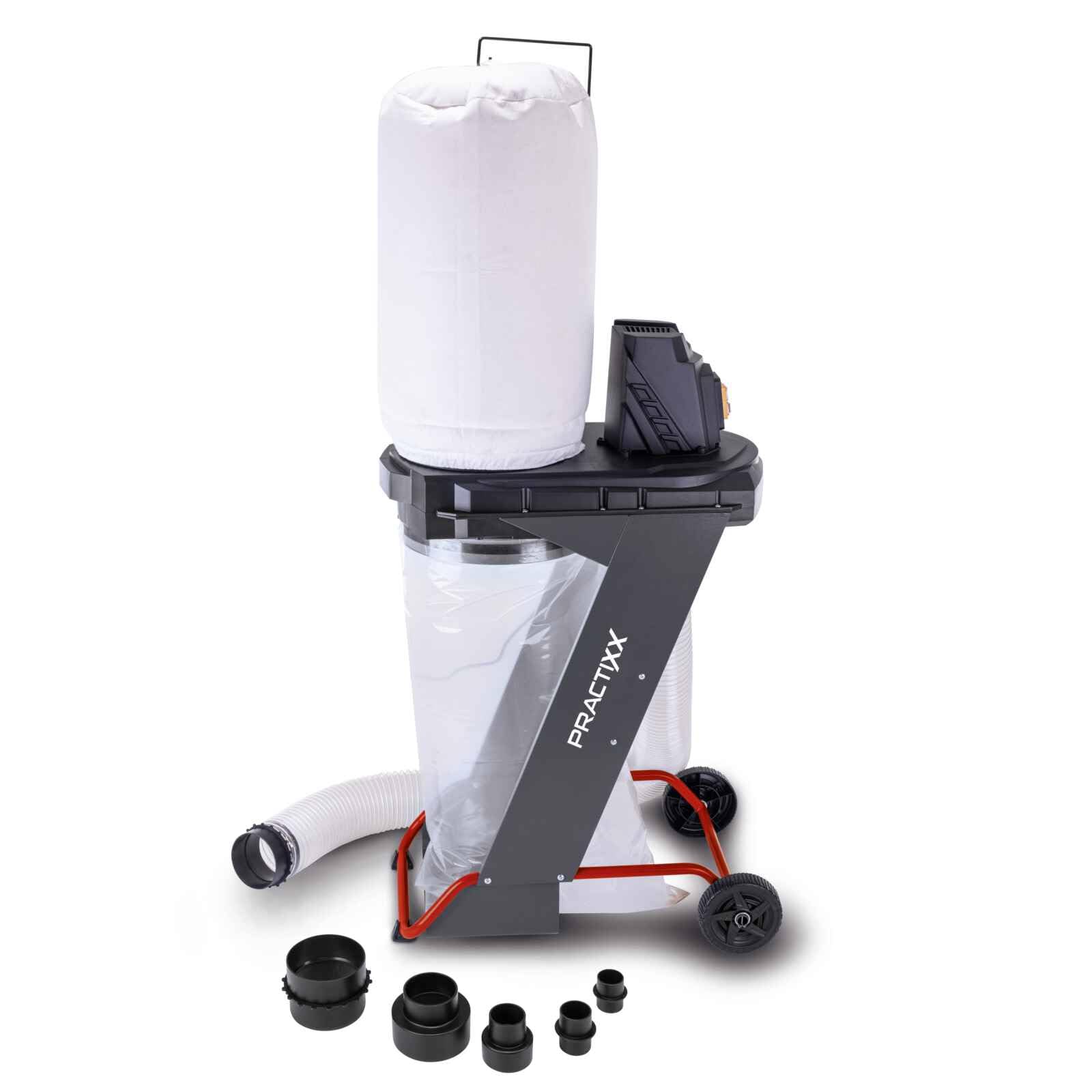 Practixx Aspirateur d'atelier PX-AS-550-550W - 5 Sacs à copeaux, 4 adaptateurs - capacité d'aspiration 1150 m³/h - Tuyau d'aspiration 2 m - Ø 100 mm - Sac de Collecte 75L