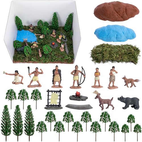 33 Pcs Native American Figurines Diorama Box Kit Indian Figures Toys Model Diorama Project Set American Indians Action Figurines Dioramas Supplies for DIY Crafts Historical Education School Project