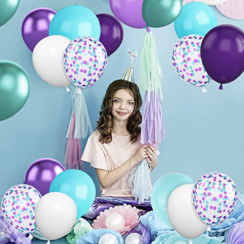 Image of Mermaid Party Balloons, 60PCS Metallic Purple Green Balloons, 12Inch Purple Blue Confetti Latex Balloon Helium for Girls Mermaid Theme Birthday Party Decorations Baby Shower Wedding Supplies