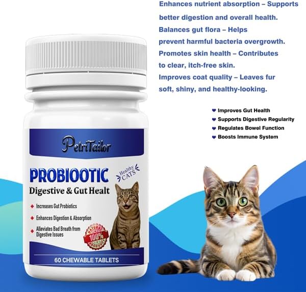 Miniatura 2 de PetriTailor Probiootic Digestive & Gut Health - Tabletas masticables para gatos, 60 unidades, suplemento natural