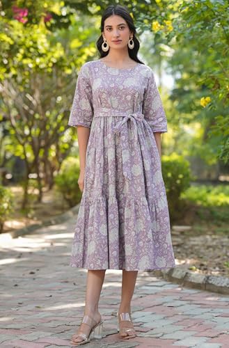 Image of Janasya Women's Pure Cotton Floral Printed Tiered Dress